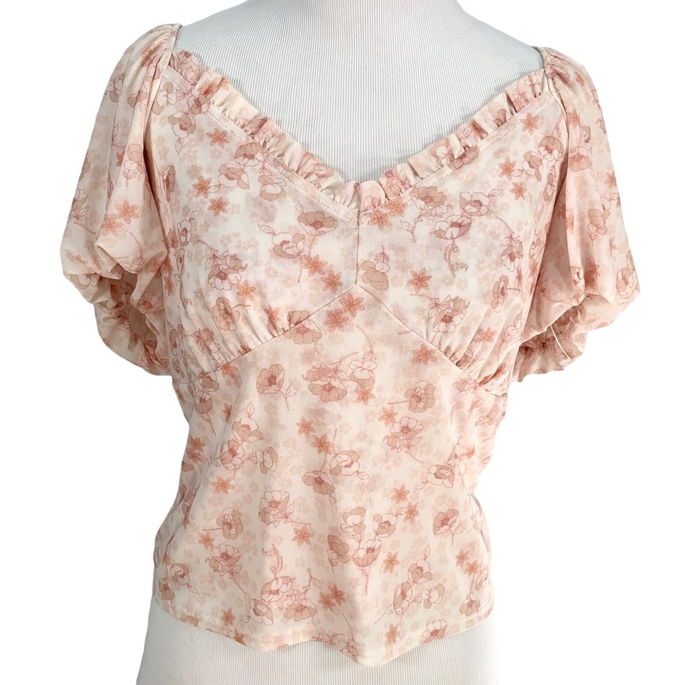 Kit + Sky Womens Stretch Mesh Babydoll Top Peasant L Baby Doll Cottage Coquette